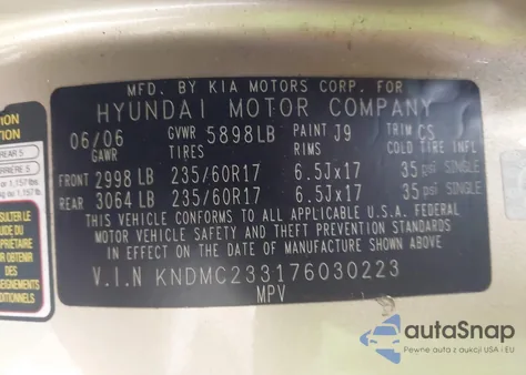 2007 Hyundai Entourage Gls/Limited/Se z USA, uszkodzony, nr VIN KNDMC233176030223